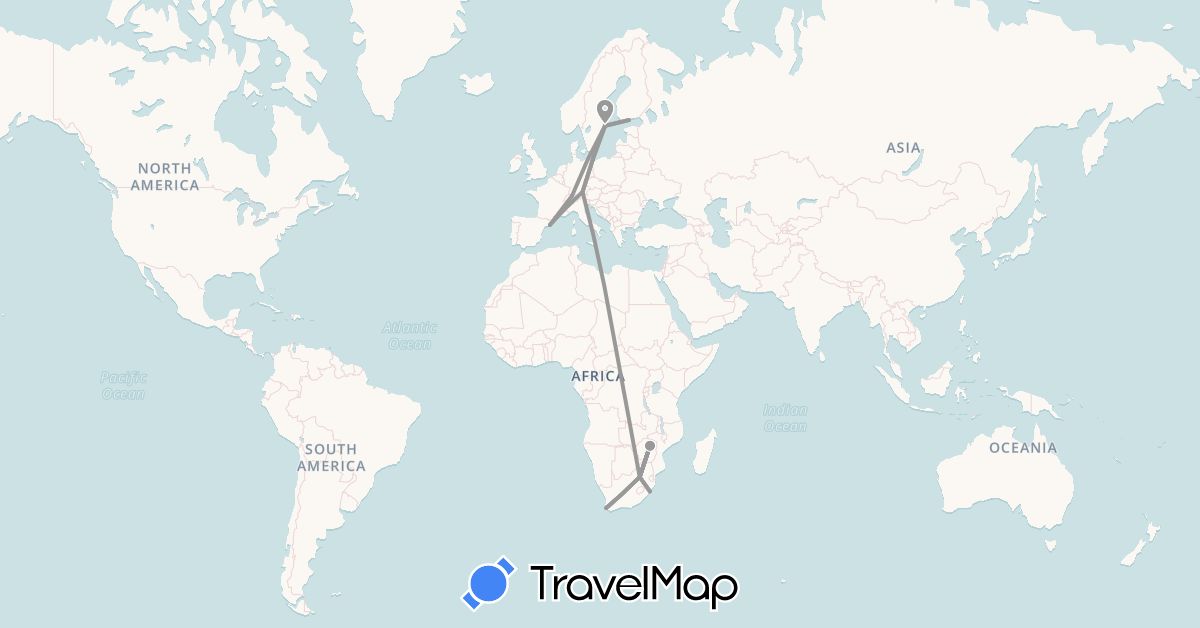 TravelMap itinerary: driving, plane in Switzerland, Germany, Spain, Finland, Sweden, South Africa, Zimbabwe (Africa, Europe)